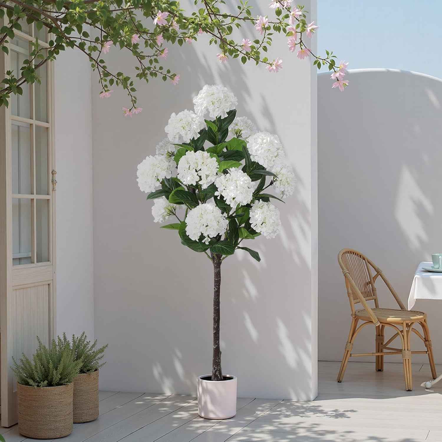 5 FT Artificial Hydrangea Tree- Large Faux Hydrangea Plants Indoor Outdoor，Fake Flower Trees with White Tall Planter for Home Garden,Front Decor