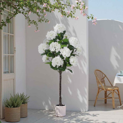5 FT Artificial Hydrangea Tree- Large Faux Hydrangea Plants Indoor Outdoor，Fake Flower Trees with White Tall Planter for Home Garden,Front Decor