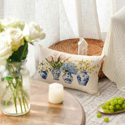 AVOIN Colorlife Blue and White Porcelain Vase Chinoiserie Throw Pillow Cover, 12 X 20 Inch Spring Flowers Tulip Hydrangea Cushion Case for Sofa Couch