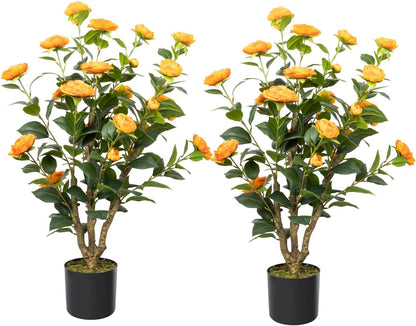 Artificial Camellia Tree, 3FT Yellow Fake Tree Blooming Camellia Flower Plant for Spring Home Front Door Outdoor Indoor Decoration