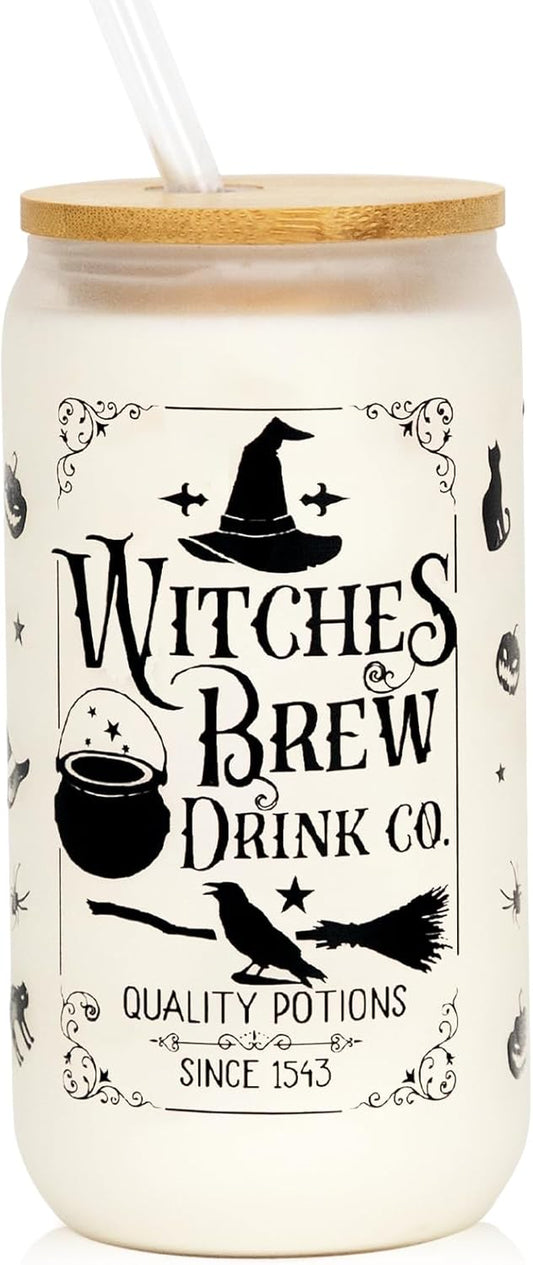 Halloween Glass Cup, 18Oz Frosted Witch Iced Coffee Can Cup Tumbler with Lid and Straw, Witch Tumbler Beer Can Glass, Halloween Gifts Decorations