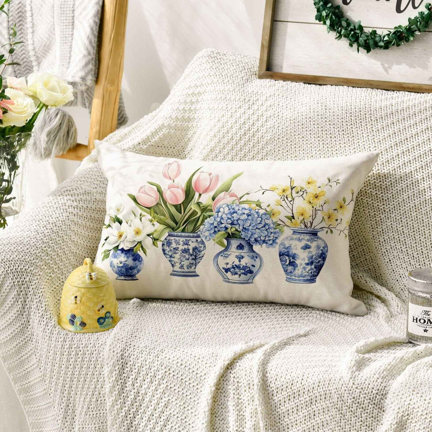 AVOIN Colorlife Blue and White Porcelain Vase Chinoiserie Throw Pillow Cover, 12 X 20 Inch Spring Flowers Tulip Hydrangea Cushion Case for Sofa Couch