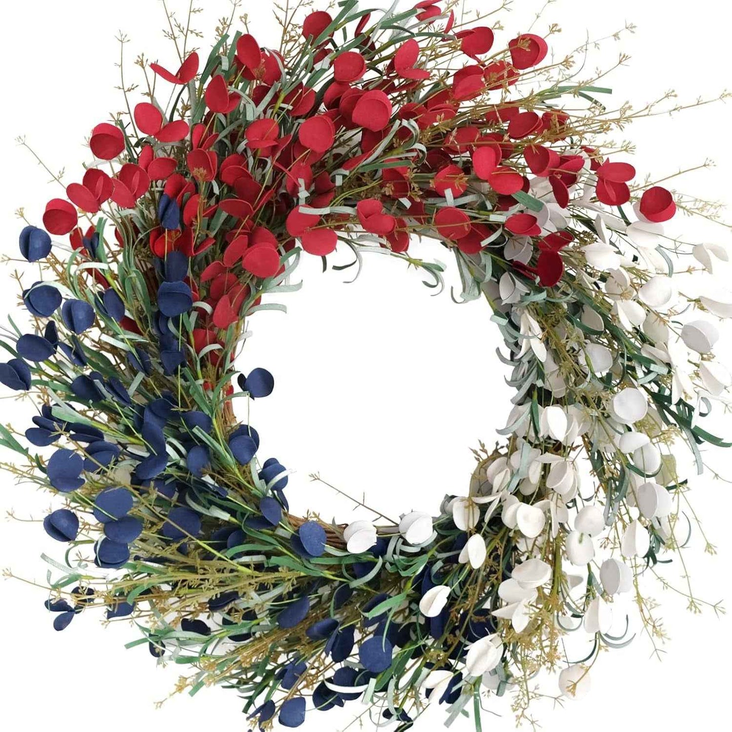 Bibelot 22 Inches American Flag Floral Wreaths Patriotic Decorations Wreath Red White Blue Artificial Floral Twig Wreath 4Th of July Independence Day Memorial Day Flag Day Hanging Decoration