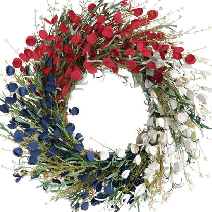 Bibelot 22 Inches American Flag Floral Wreaths Patriotic Decorations Wreath Red White Blue Artificial Floral Twig Wreath 4Th of July Independence Day Memorial Day Flag Day Hanging Decoration