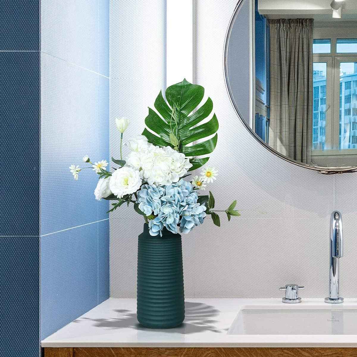 Blue Hydrangea Artificial Flowers 6Pcs Faux Hydrangea Flowers, Fake Flowers for Table Centerpiece, Blue Silk Hydrangea Flowers with Stems for Home Wedding Party Decor