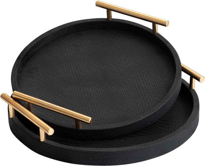 2 Piece Golden round Serving Tray with Handles, Woven-Texture Faux Leather Ottoman Tray for Living Room, Decorative Tray for Coffee Table Home Decor