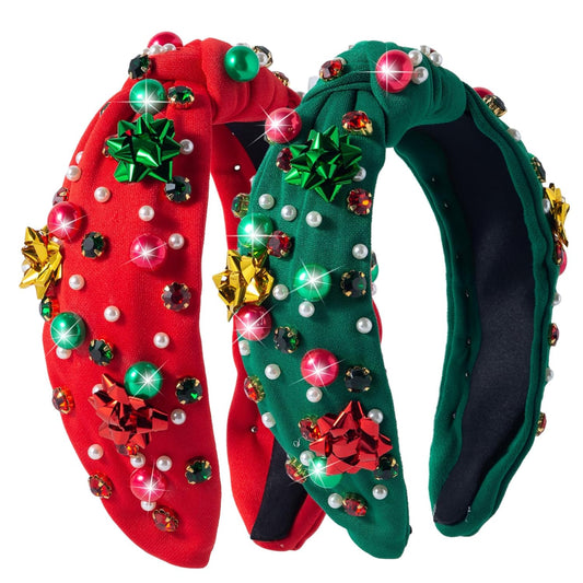 2 Pack Christmas Headband for Women Pearl Rhinestone Crystal Jeweled Xmas Flower Embellished Ladies Wide Top Knot Red Green Makeup Hair Hoop Accessory Holiday Party Costume Decor Gifts
