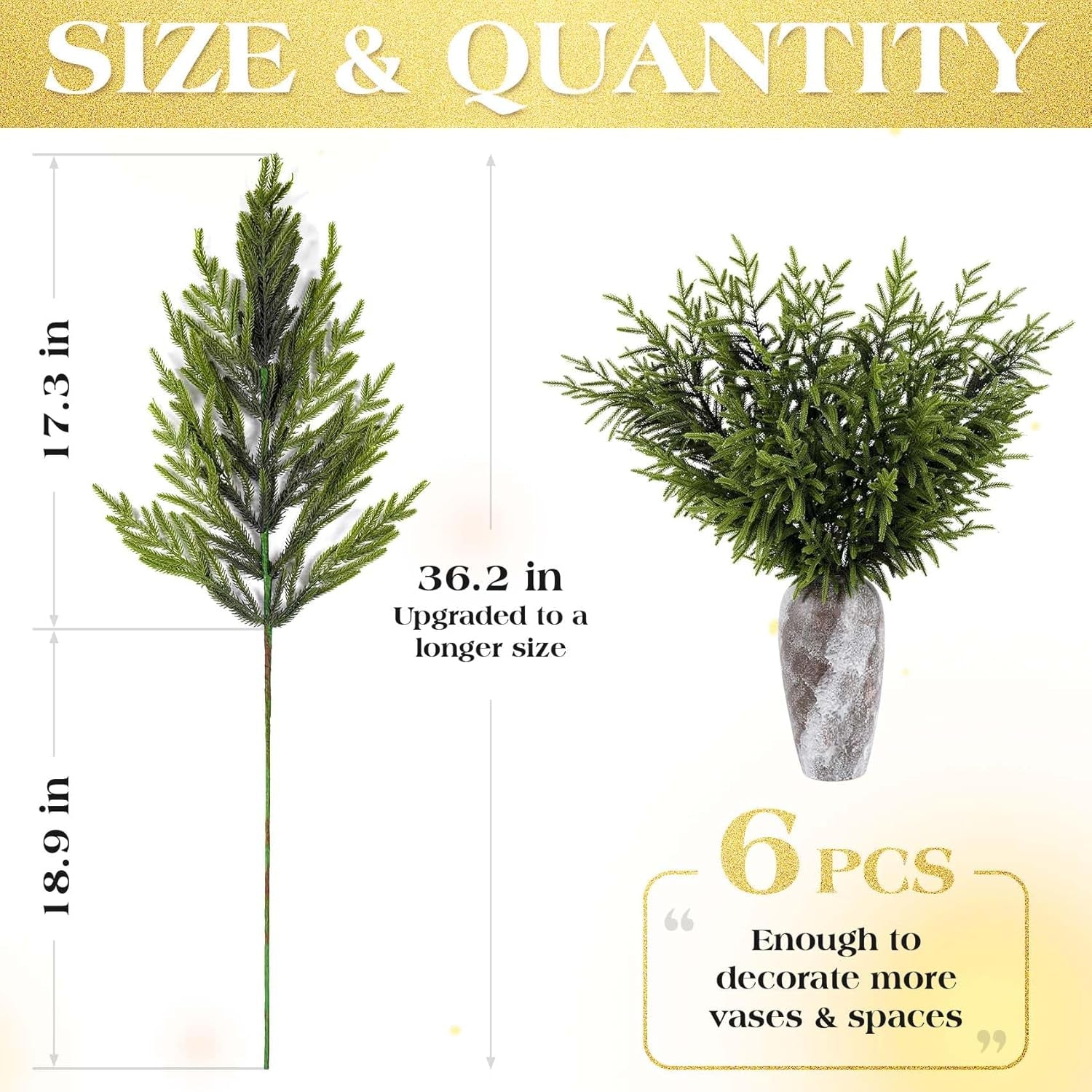 6 Pcs Christmas Norfolk Pine Branches - 36" Artificial Norfolk Branch Faux Stem Greenery Pine Picks for Vase DIY Crafts Garland Wreath Xmas Indoor Outdoor Home Decor