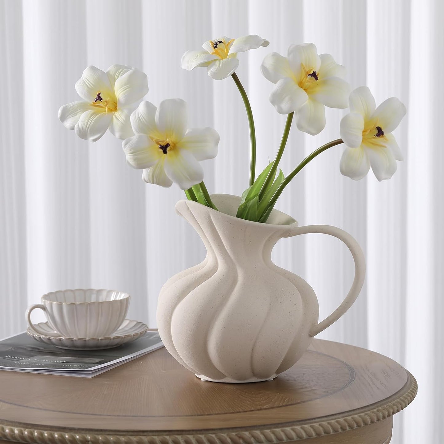 White Ceramic Pitcher Vase with Handle, Modern Farmhouse Jug Flower Vase for Home Decor, Centerpieces for Table, Living Room, Bedroom, Rustic Boho Decoration