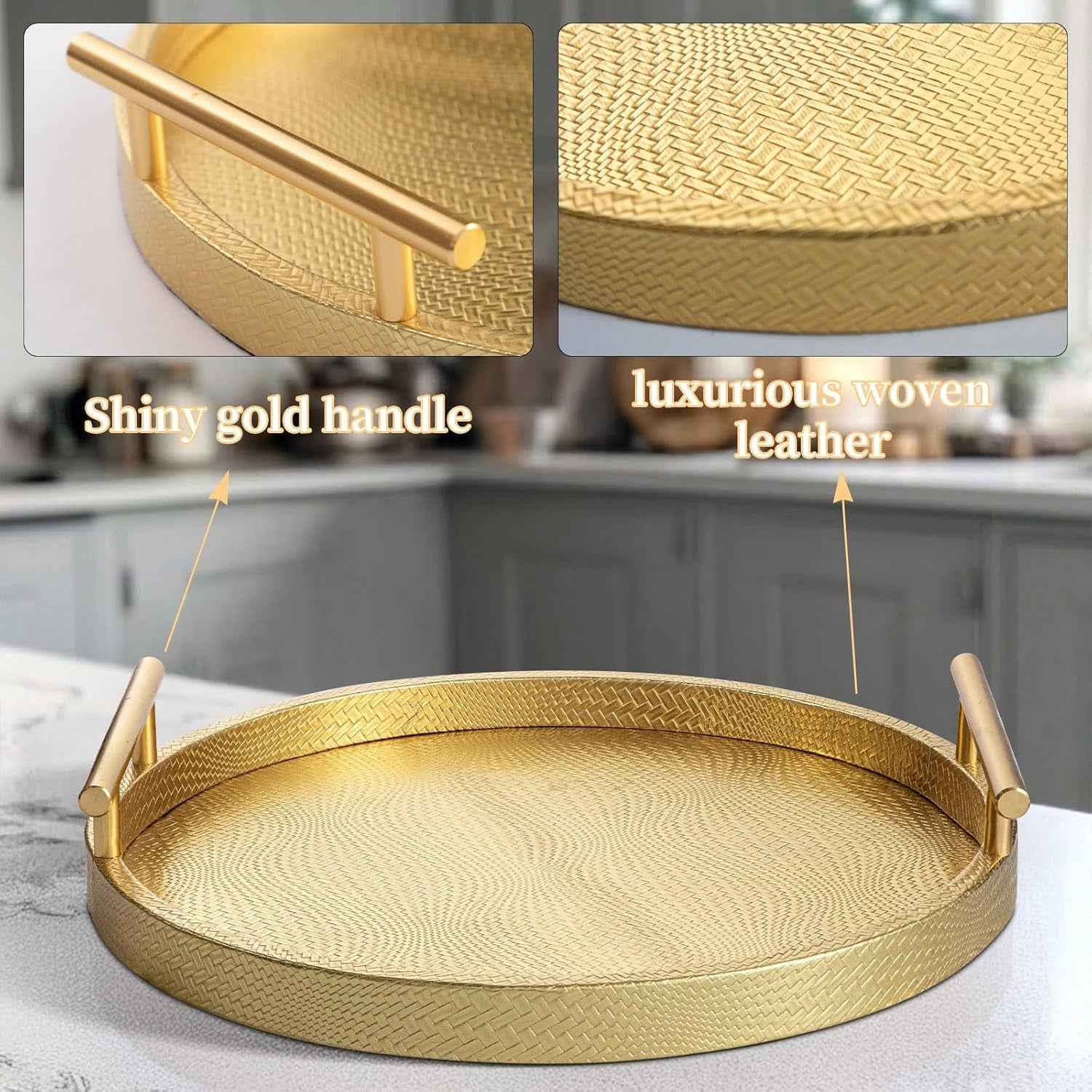 2 Piece Golden round Serving Tray with Handles, Woven-Texture Faux Leather Ottoman Tray for Living Room, Decorative Tray for Coffee Table Home Decor
