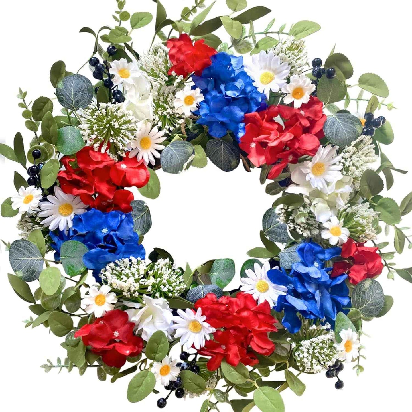 22 Inch Patriotic Flower Wreath for Front Door, July 4th Hydrangea Daisy Wreath for Indoor and Outdoor, Memorial Day Decoration