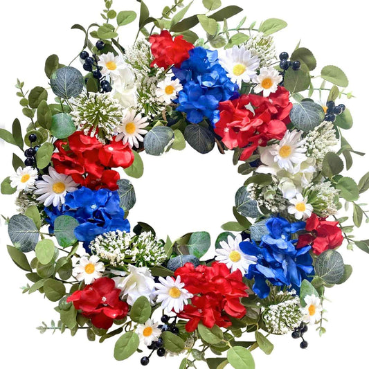 22 Inch Patriotic Flower Wreath for Front Door, July 4th Hydrangea Daisy Wreath for Indoor and Outdoor, Memorial Day Decoration