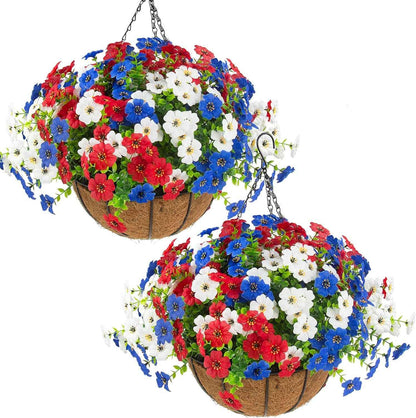 Hananona 2 Set Artificial Outdoor Flowers Hanging Basket with 24 Pcs Patriotic Flowers for Summer Front Porch Patio 4th of July Decor (2, Red, White, Blue)