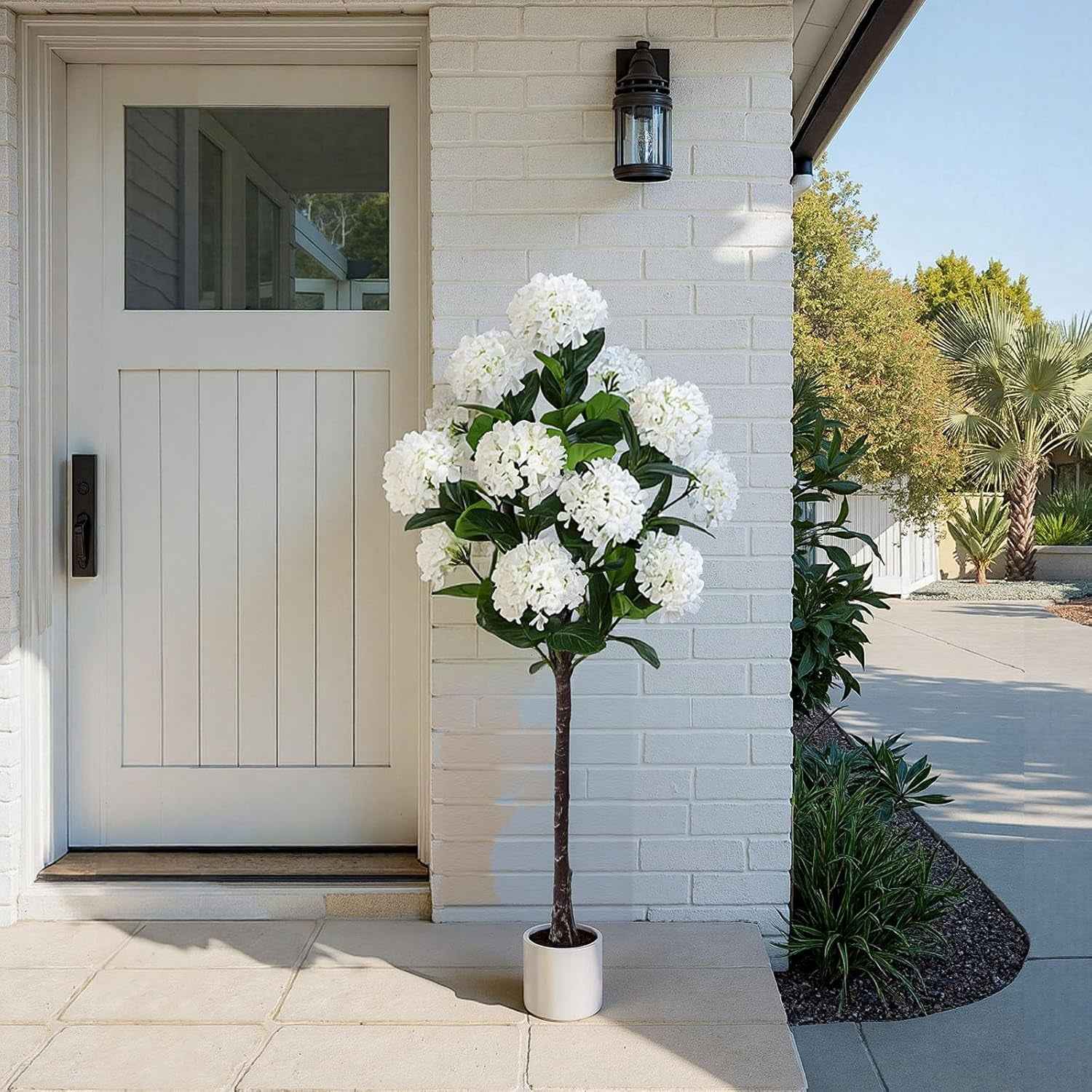 5 FT Artificial Hydrangea Tree- Large Faux Hydrangea Plants Indoor Outdoor，Fake Flower Trees with White Tall Planter for Home Garden,Front Decor