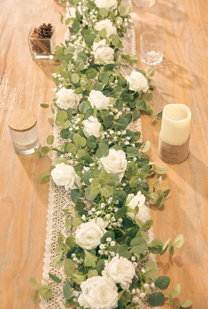 2PCS 5.91FT Artificial Eucalyptus Garland with Flowers - Faux Rose Gypsophila Greenery for Wedding and Home Party Table Runner Decor (White)