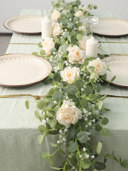 2PCS 5.91FT Artificial Eucalyptus Garland with Flowers - Faux Rose Gypsophila Greenery for Wedding and Home Party Table Runner Decor (White)