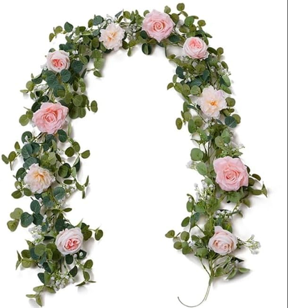 2PCS 5.91FT Artificial Eucalyptus Garland with Flowers - Faux Rose Gypsophila Greenery for Wedding and Home Party Table Runner Decor (White)