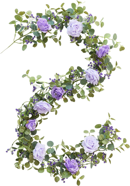 2PCS 5.91FT Artificial Eucalyptus Garland with Flowers - Faux Rose Gypsophila Greenery for Wedding and Home Party Table Runner Decor (White)