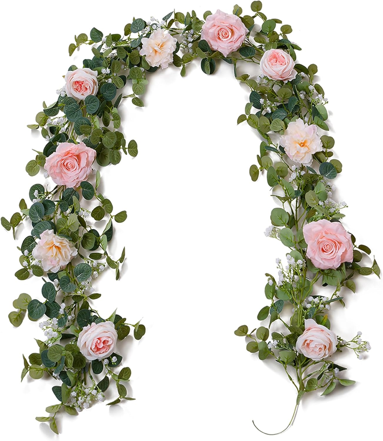 2PCS 5.91FT Artificial Eucalyptus Garland with Flowers - Faux Rose Gypsophila Greenery for Wedding and Home Party Table Runner Decor (White)