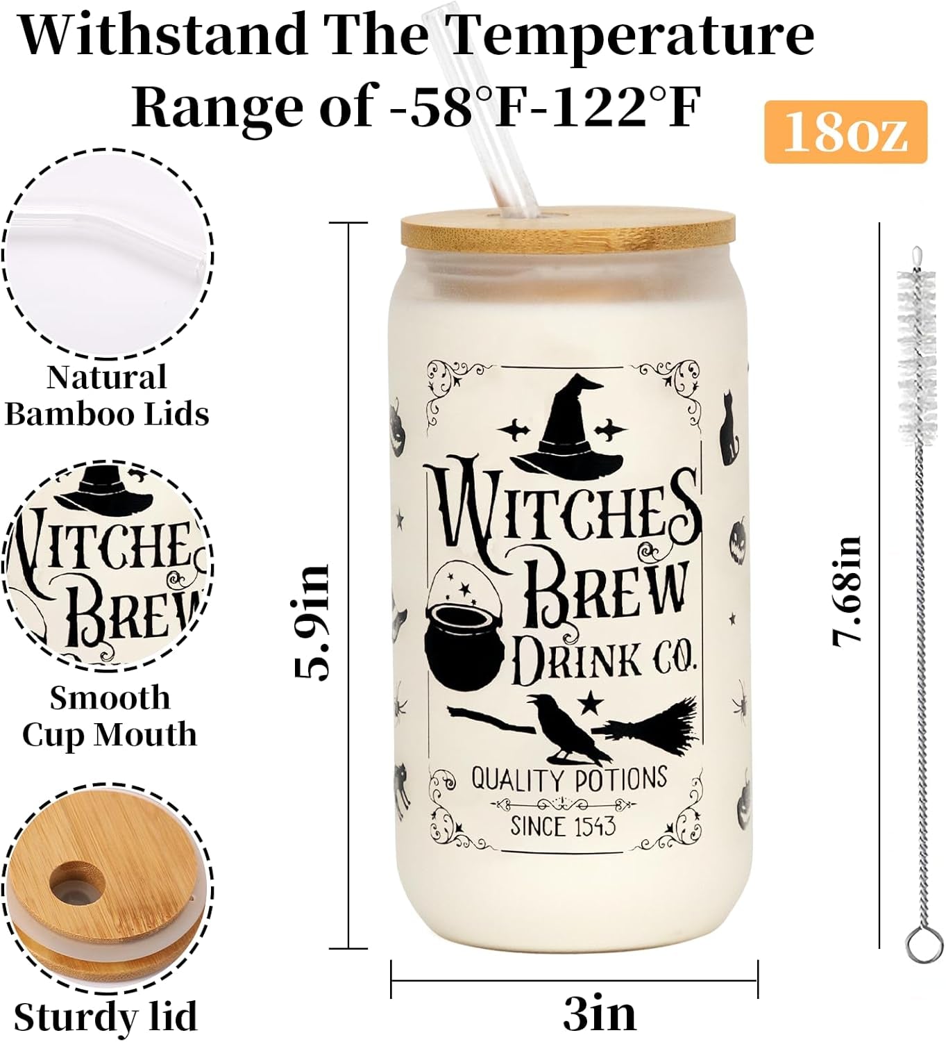 Halloween Glass Cup, 18Oz Frosted Witch Iced Coffee Can Cup Tumbler with Lid and Straw, Witch Tumbler Beer Can Glass, Halloween Gifts Decorations