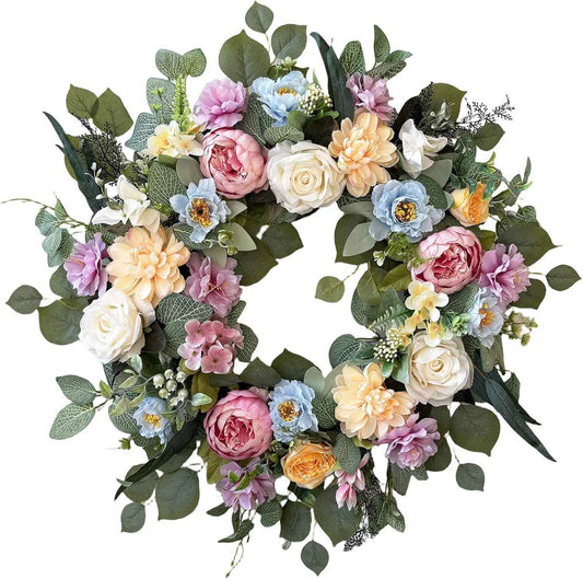 Spring Wreaths for Front Door,Summer Wreath with Peony Rose and Dahlia Flowers,24 Inch Floral Door Wreath for All Seasons outside Outdoor Indoor Wall Wedding Holiday Home Decor