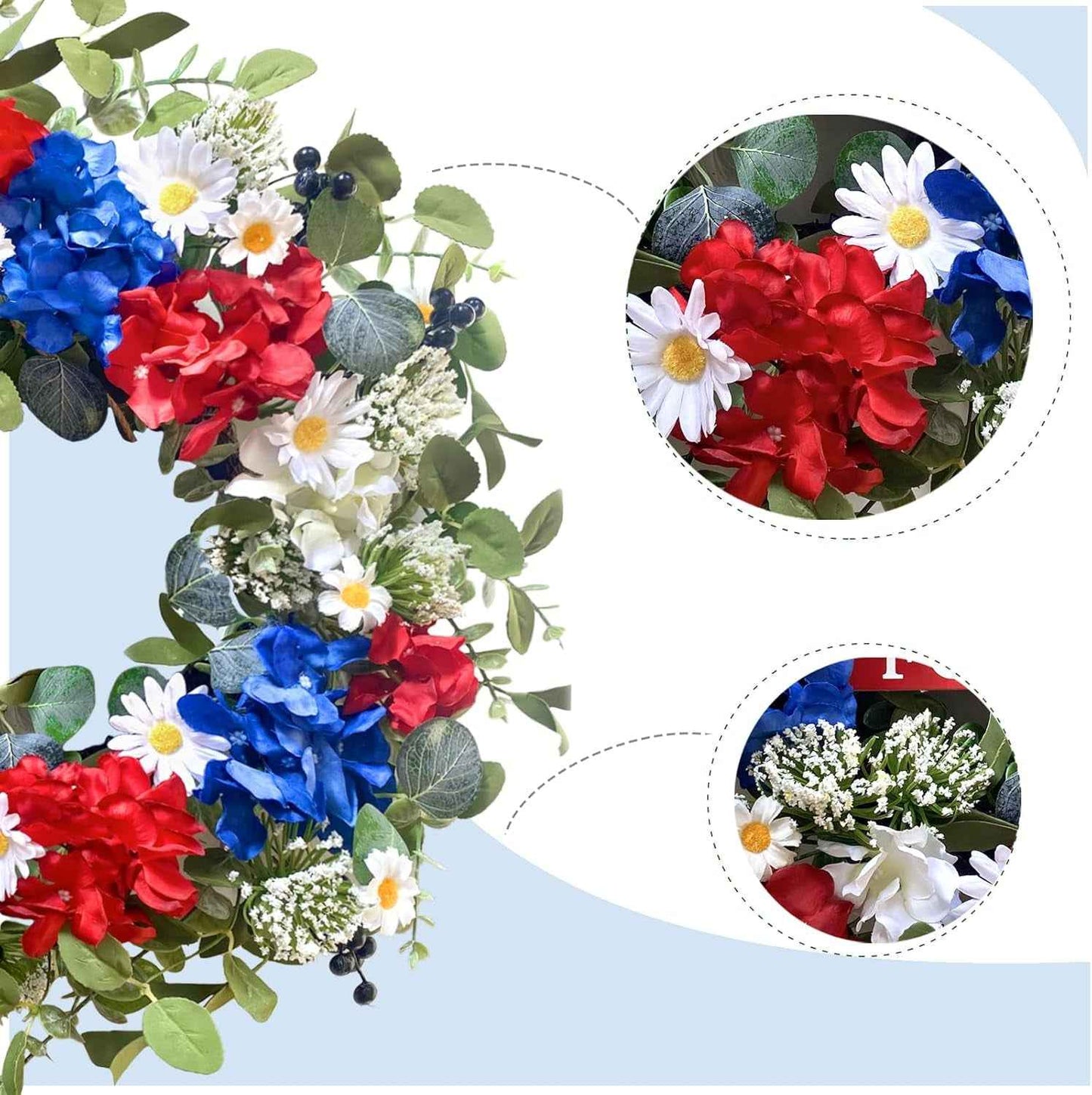 22 Inch Patriotic Flower Wreath for Front Door, July 4th Hydrangea Daisy Wreath for Indoor and Outdoor, Memorial Day Decoration