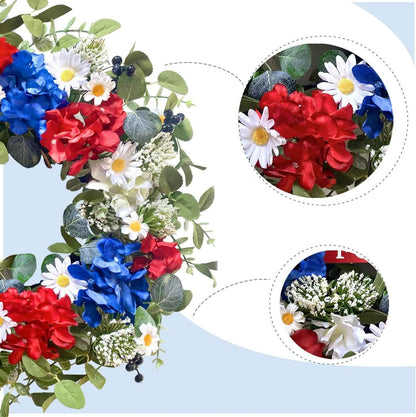 22 Inch Patriotic Flower Wreath for Front Door, July 4th Hydrangea Daisy Wreath for Indoor and Outdoor, Memorial Day Decoration