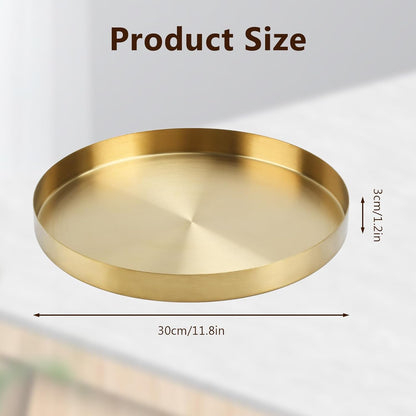 12 Inch Golden round Platter Tray, Trays for Domestic Purposes, Stainless Steel Serving, Circle Decorative Tray, Vanity Tray for Centerpiece Home Decor