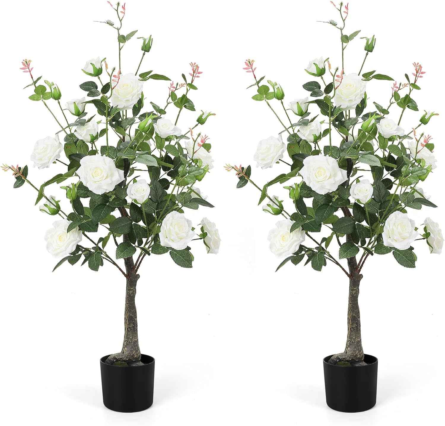 Romantic Season 2Pack Artificial Rose Flower Trees, 42Inch White Faux Rose Tree with Green Leaves for Living Room Office Home Outdoor Indoor Decor