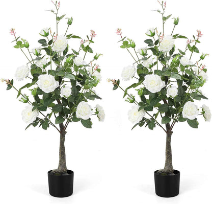 Romantic Season 2Pack Artificial Rose Flower Trees, 42Inch White Faux Rose Tree with Green Leaves for Living Room Office Home Outdoor Indoor Decor