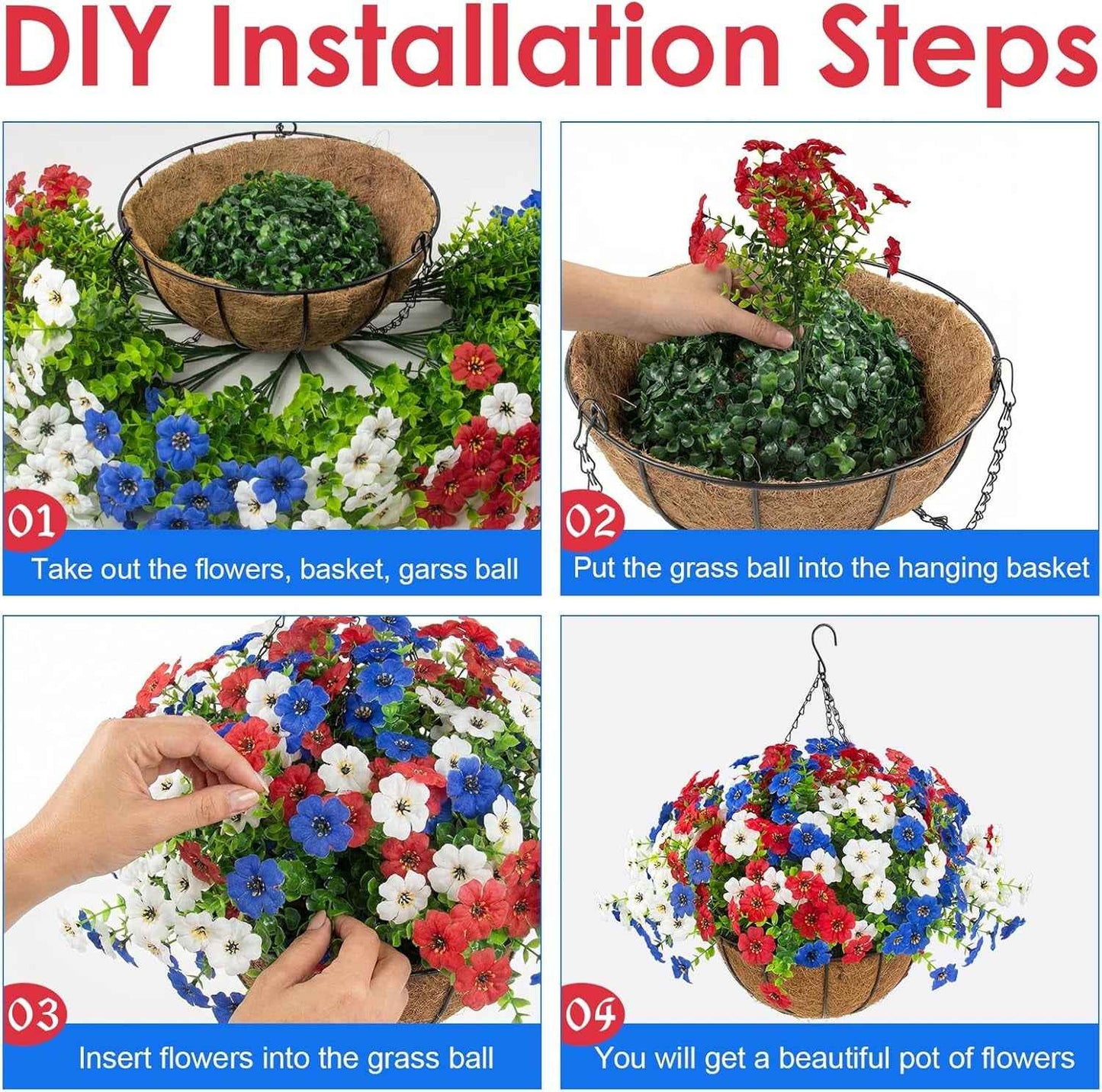 Hananona 2 Set Artificial Outdoor Flowers Hanging Basket with 24 Pcs Patriotic Flowers for Summer Front Porch Patio 4th of July Decor (2, Red, White, Blue)