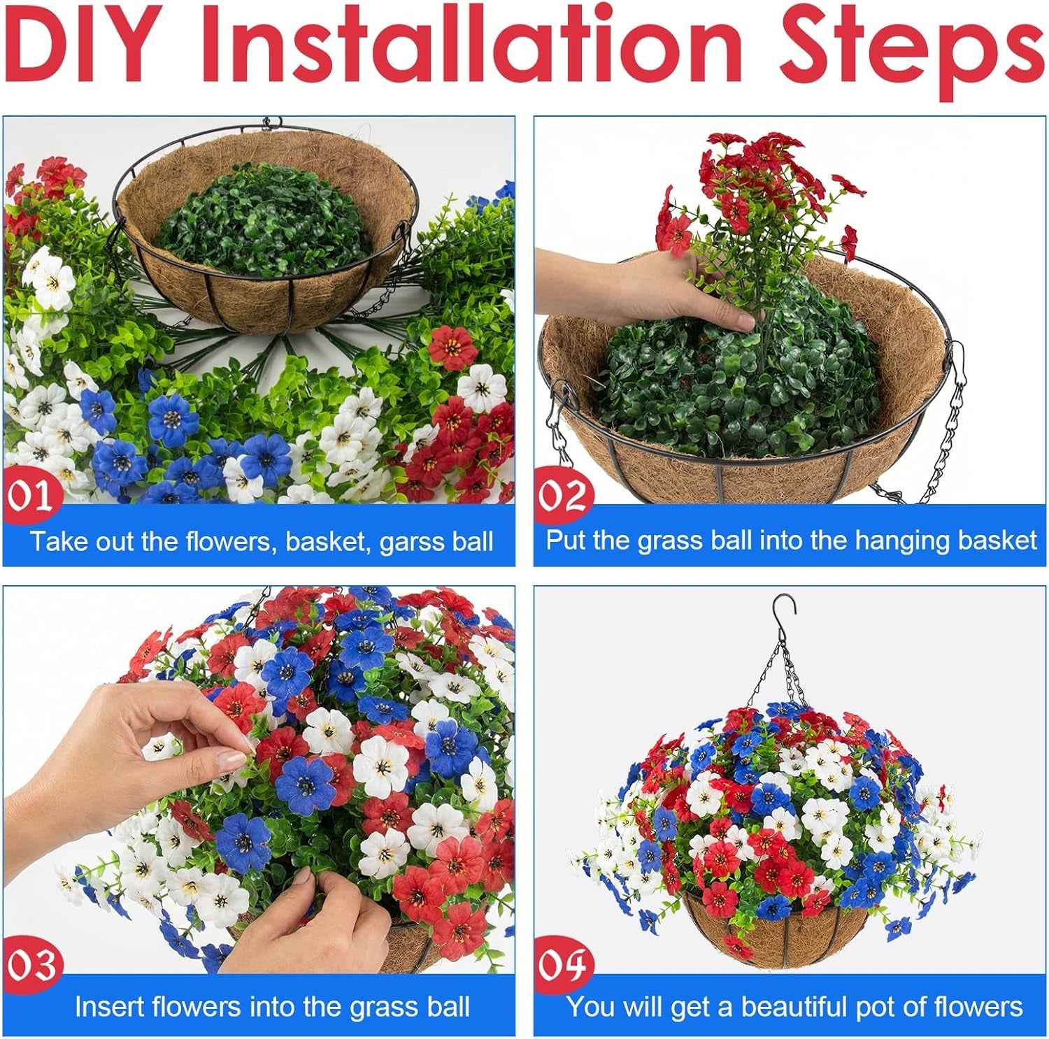 Hananona 2 Set Artificial Outdoor Flowers Hanging Basket with 24 Pcs Patriotic Flowers for Summer Front Porch Patio 4th of July Decor (2, Red, White, Blue)