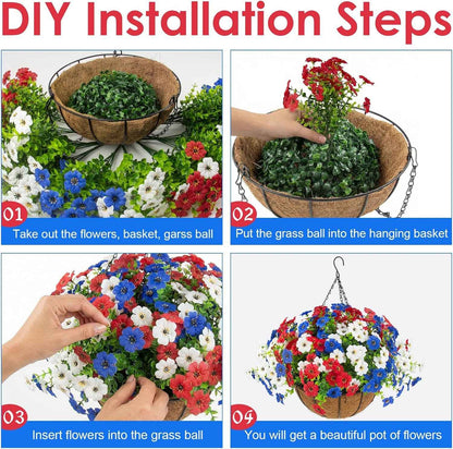 Hananona 2 Set Artificial Outdoor Flowers Hanging Basket with 24 Pcs Patriotic Flowers for Summer Front Porch Patio 4th of July Decor (2, Red, White, Blue)