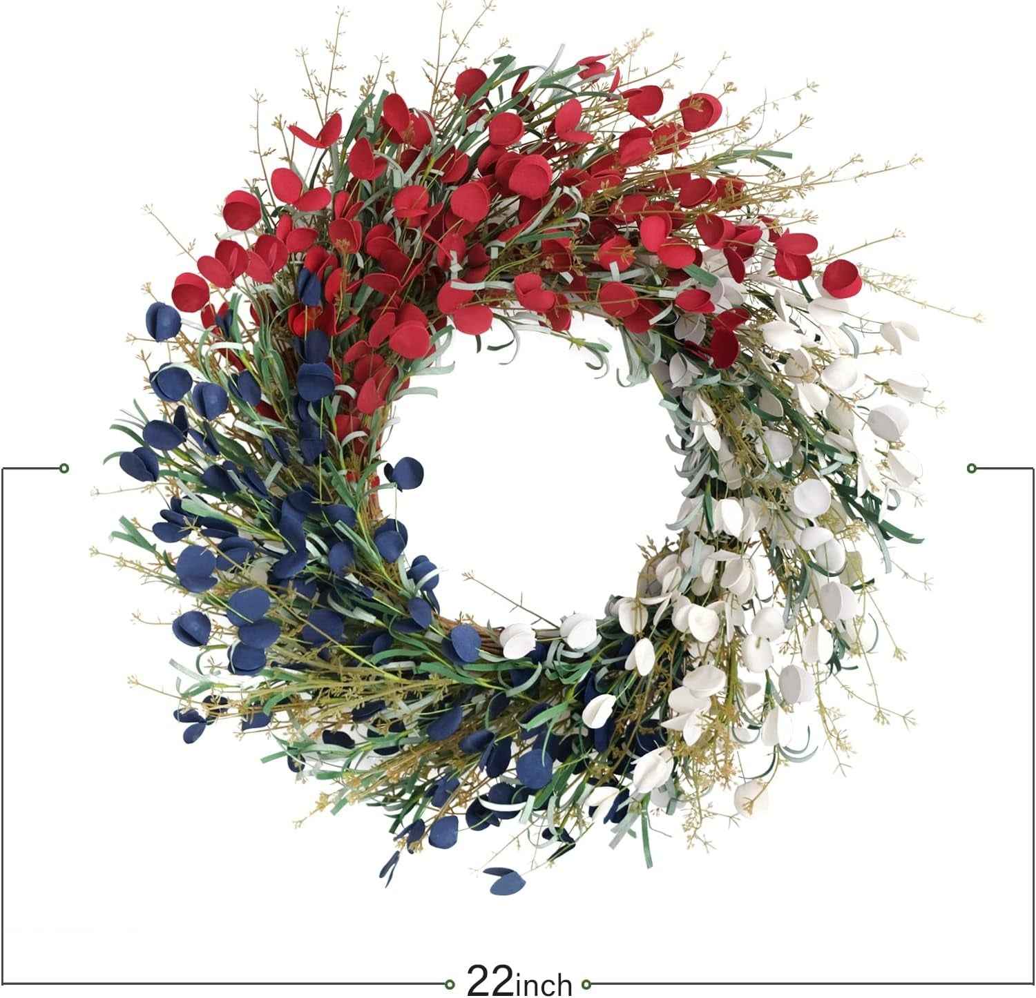 Bibelot 22 Inches American Flag Floral Wreaths Patriotic Decorations Wreath Red White Blue Artificial Floral Twig Wreath 4Th of July Independence Day Memorial Day Flag Day Hanging Decoration