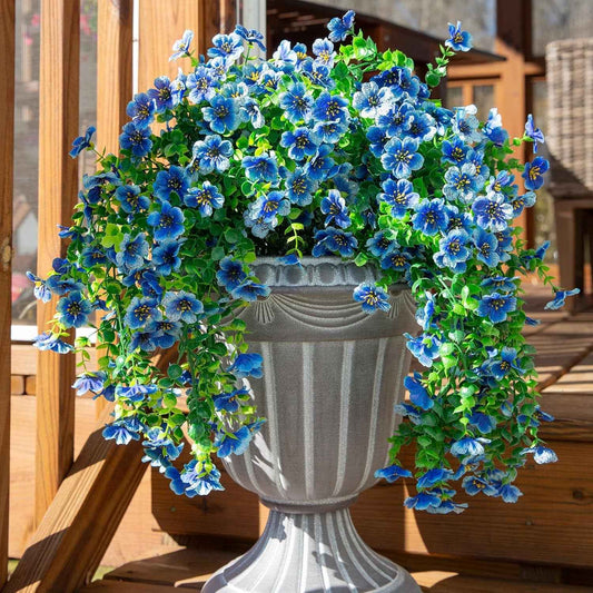 Hyeflora Artificial Flowers for Outdoors Decoration, 2Pcs Blue Fake Hanging Spring Summer Decor, Lifelike Plants, UV & Fading Resistant Flower for Porch Patio Balcony Planter Yard Home Garland