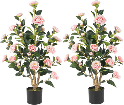 Artificial Camellia Tree, 3FT Yellow Fake Tree Blooming Camellia Flower Plant for Spring Home Front Door Outdoor Indoor Decoration