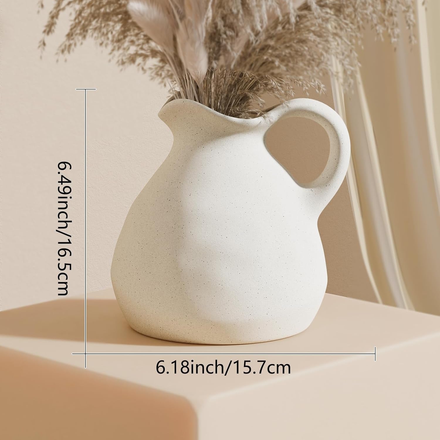 White Ceramic Pitcher Vase with Handle, Modern Farmhouse Jug Flower Vase for Home Decor, Centerpieces for Table, Living Room, Bedroom, Rustic Boho Decoration