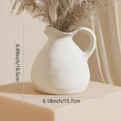 White Ceramic Pitcher Vase with Handle, Modern Farmhouse Jug Flower Vase for Home Decor, Centerpieces for Table, Living Room, Bedroom, Rustic Boho Decoration