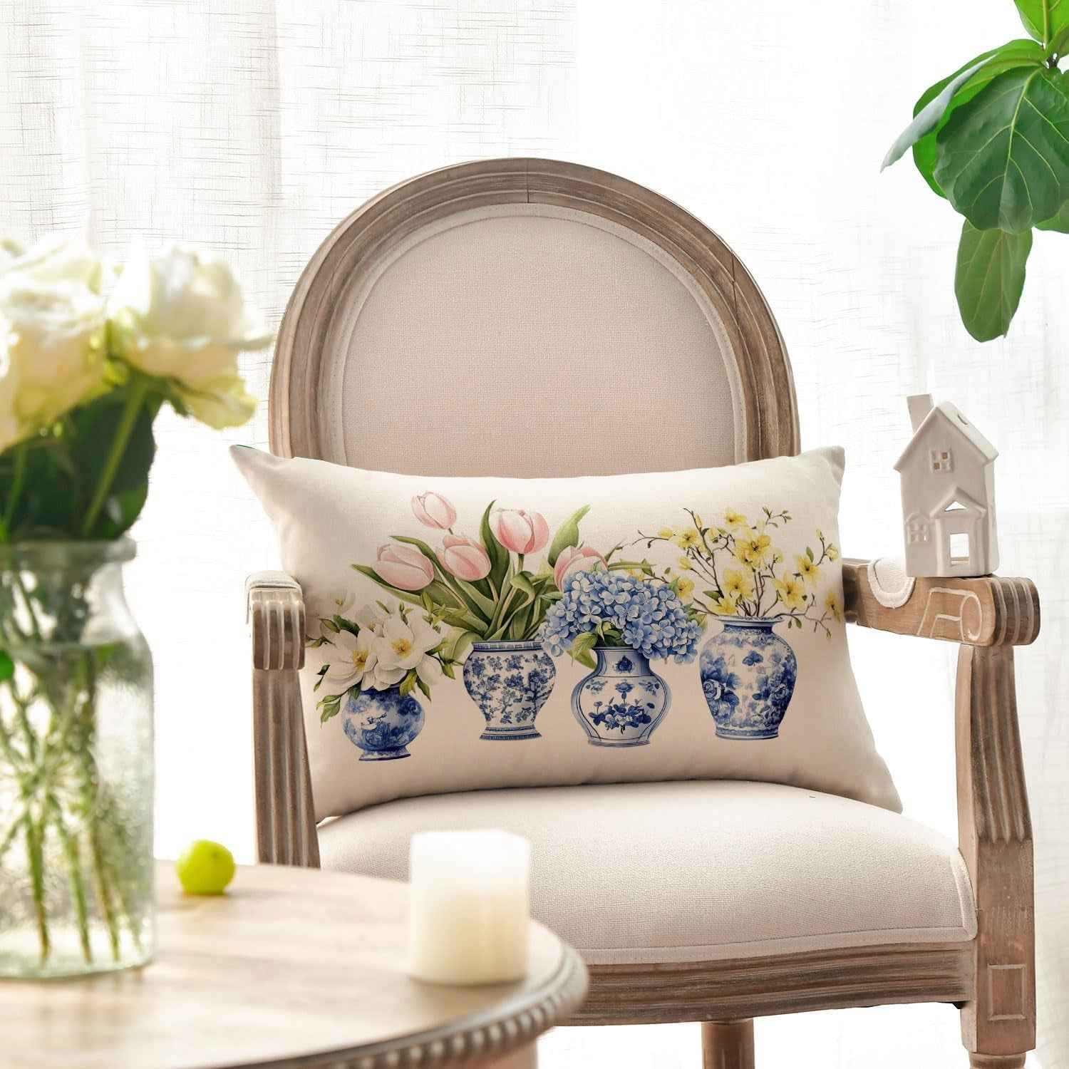 AVOIN Colorlife Blue and White Porcelain Vase Chinoiserie Throw Pillow Cover, 12 X 20 Inch Spring Flowers Tulip Hydrangea Cushion Case for Sofa Couch