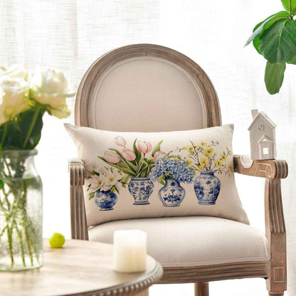 AVOIN Colorlife Blue and White Porcelain Vase Chinoiserie Throw Pillow Cover, 12 X 20 Inch Spring Flowers Tulip Hydrangea Cushion Case for Sofa Couch