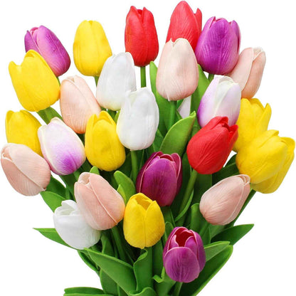 28Pcs White Flowers Artificial Tulip Stems Real Feel PU Tulips for Easter Spring Wreath Wedding Bouquet Centerpiece Floral Arrangement Cemetery Table Décor 13" Tall