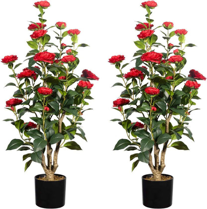 Romantic Season 2Pack Artificial Rose Flower Trees, 42Inch White Faux Rose Tree with Green Leaves for Living Room Office Home Outdoor Indoor Decor