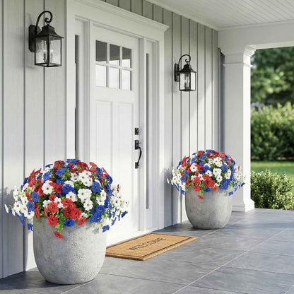 Hananona 2 Set Artificial Outdoor Flowers Hanging Basket with 24 Pcs Patriotic Flowers for Summer Front Porch Patio 4th of July Decor (2, Red, White, Blue)