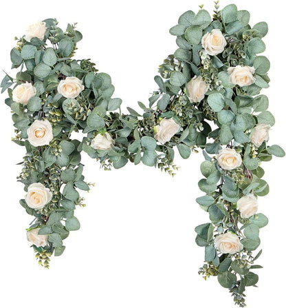 Ouddy Decor Eucalyptus Garland 6.56 Ft Lush Silver Dollar Leaves Boxwood Artificial Faux Greenery Vines for Baby Shower Wedding Party Table Runner Room Home Mantle Decor