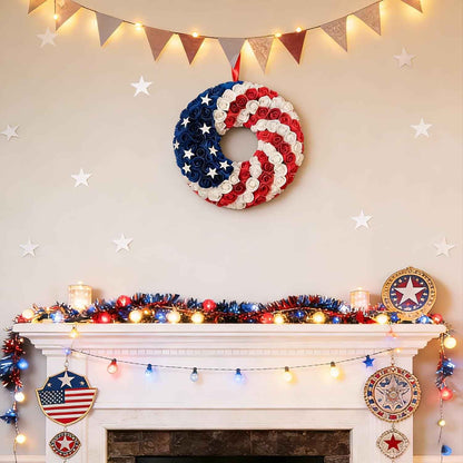 Idyllic 20 Inch Patriotic Wreath for Front Door, PE Roses with Metal Stars - Perfect for Home Decoration & Memorial Day, 4th of July Celebrations