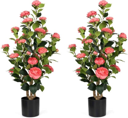 Romantic Season 2Pack Artificial Rose Flower Trees, 42Inch White Faux Rose Tree with Green Leaves for Living Room Office Home Outdoor Indoor Decor