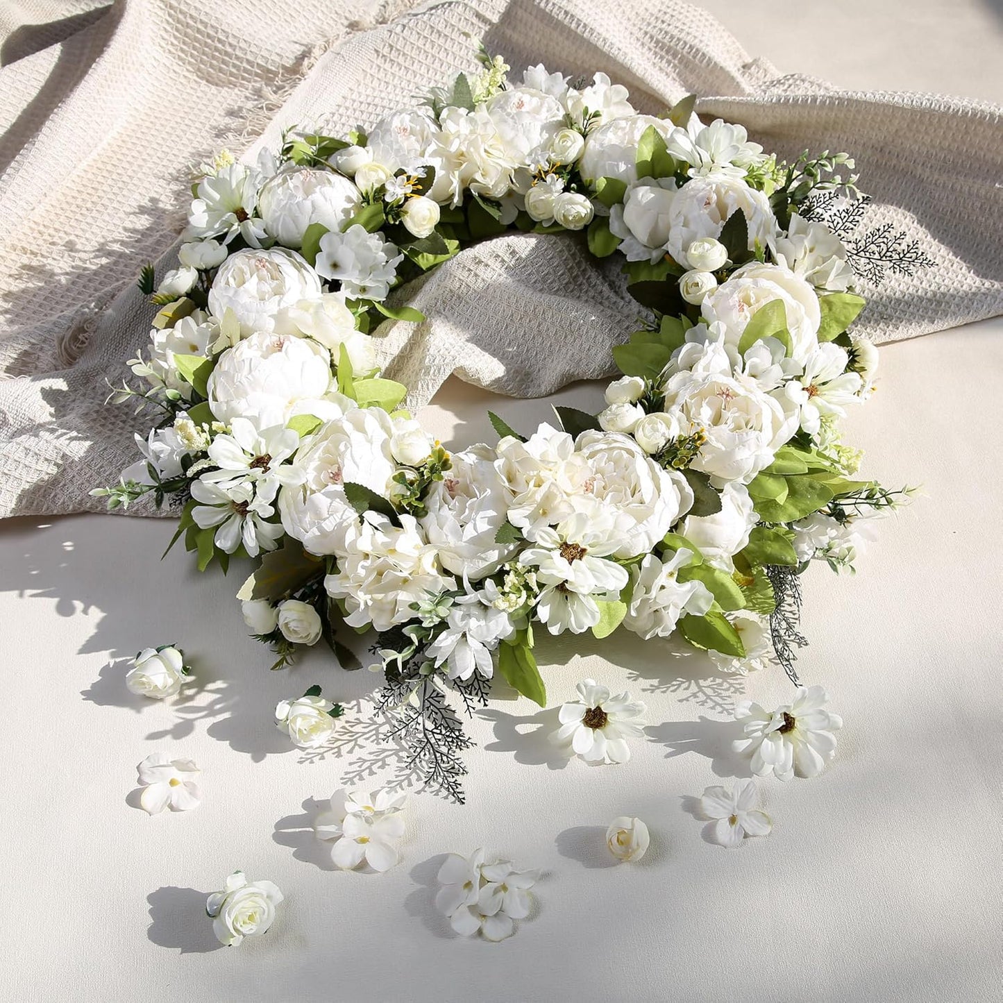 Peony Wreath 23'' Spring Wreaths for Front Door, Artificial Large Floral Wreath for Front Door Wall Decor, Valentine’S Day Home Wedding Housewarming Gift Ezsenses (White)