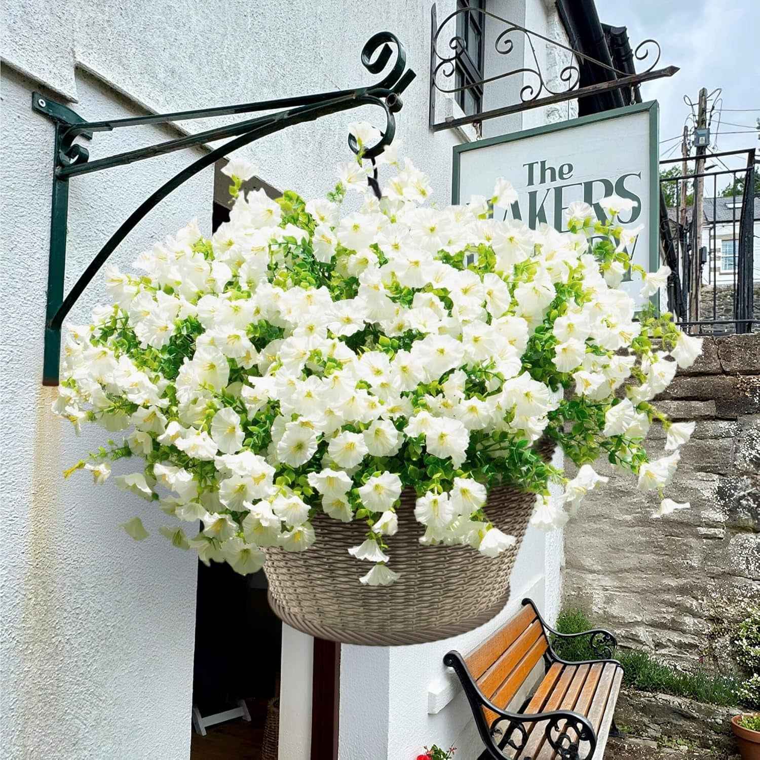 Artificial Fake Flowers for Outdoor outside Decoration,16 Bundles UV Resistant Faux Plastic White Flowers with Green Eucalyptus Stem Plants Bulk Look Real for Home Porch Yard Patio Planters (White)