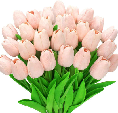 28Pcs White Flowers Artificial Tulip Stems Real Feel PU Tulips for Easter Spring Wreath Wedding Bouquet Centerpiece Floral Arrangement Cemetery Table Décor 13" Tall