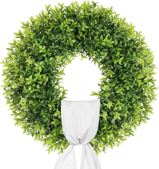 22 Inch Artificial Boxwood Wreaths for Front Door, Summer Door Wreath with Sash, Spring Green Wreath Weatherproof for Wall Window Porch Farmhouse Wedding Decor All Year round Indoor Outdoor